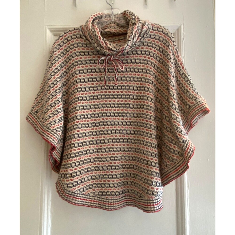 Boho Knit Poncho Sweater Cowl Neck Drawstring Cream Red Black One Size Hippie